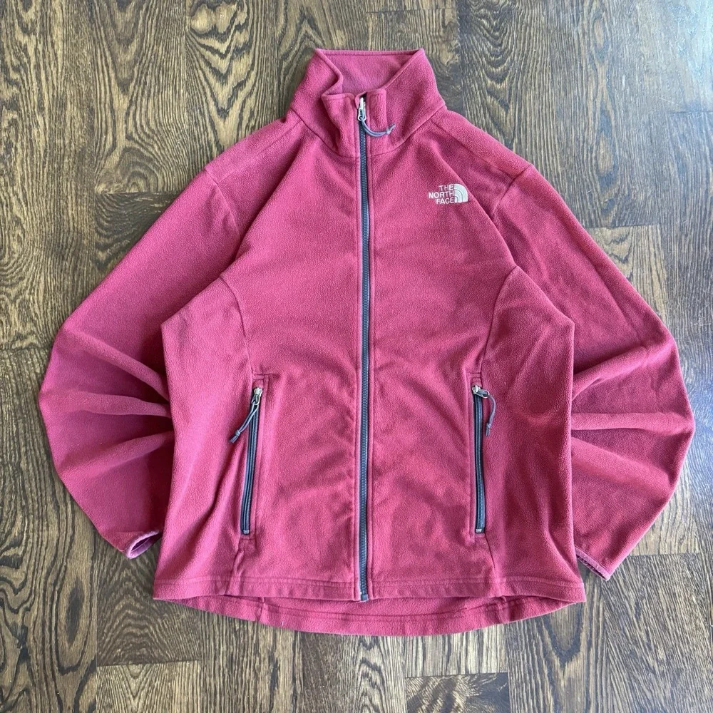 The North Face Mens Full Zip Fleece Jacket Solid Red Medium Lightweight Hiking